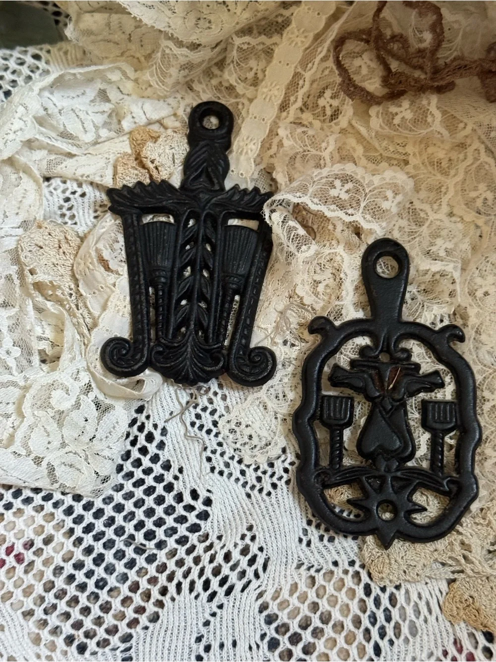 Vintage Black Ornate Cast Iron Trivet Pair